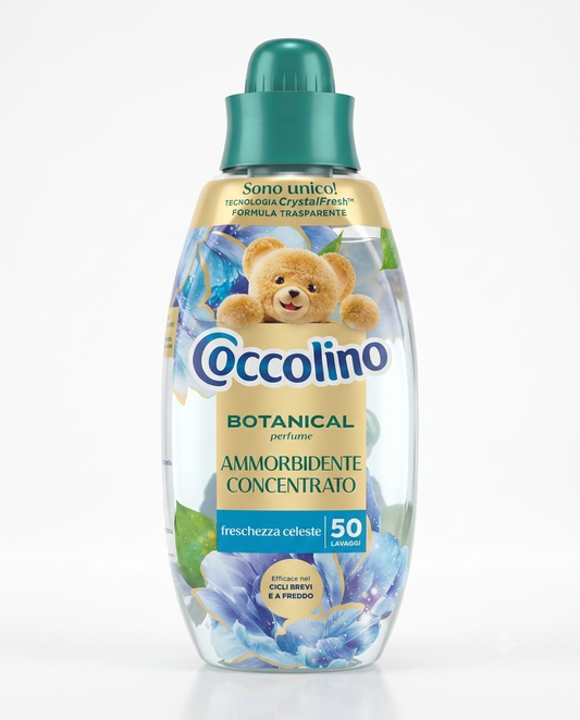 Flacone Coccolino Botanical Perfume Freschezza Celeste 750 ml ammorbidente concentrato trasparente CrystalFresh™ naturale botanico