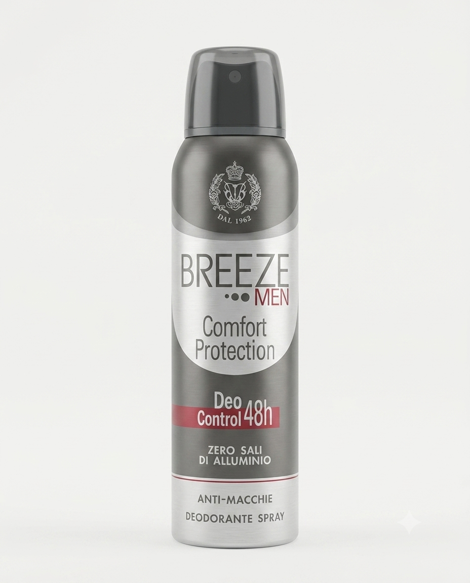 Breeze Men Comfort Protection deo spray 150 ml, deodorante uomo 48h senza sali di alluminio e controllo odori.