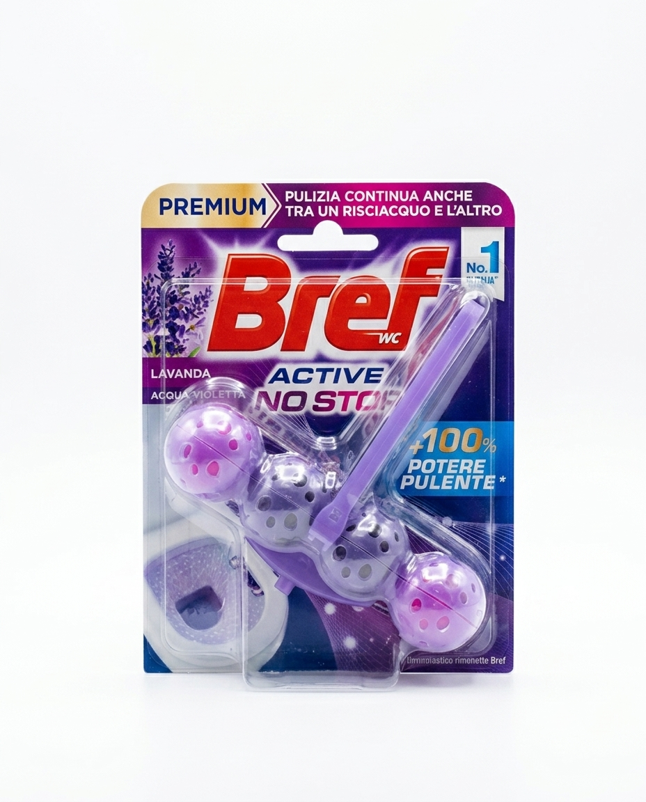 Bref WC Active No Stop Lavanda Acqua Violetta 50 g, tavoletta detergente anticalcare con acqua viola e profumo lavanda.