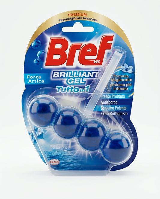 Bref WC Brilliant Gel Forza Artica 42g | Tavoletta Tutto in 1 | Schiuma Pulente, Anti-Sporco e Brillantezza Oro