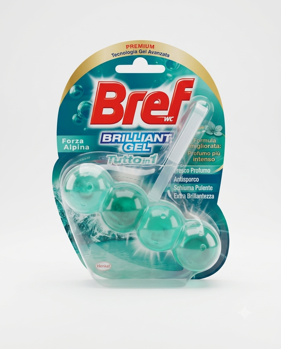 Bref WC Brilliant Gel Tutto in 1 Forza Alpina 42 g, tavoletta gel WC detergente e brillantezza con profumo alpino
