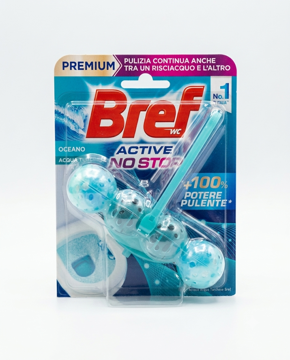 Bref WC Active No Stop Oceano Acqua Turchese 50 g, tavoletta detergente anticalcare con acqua turchese e profumo oceano.