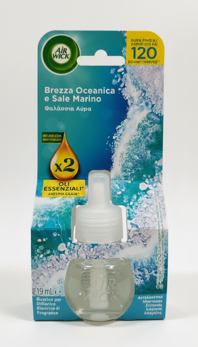 Air Wick Ricarica Diffusore Elettrico 19 ml | Brezza Oceanica e Sale Marino con Oli Essenziali Naturali | Fino a 120 Giorni di Fragranza | Freschezza Rigenerante