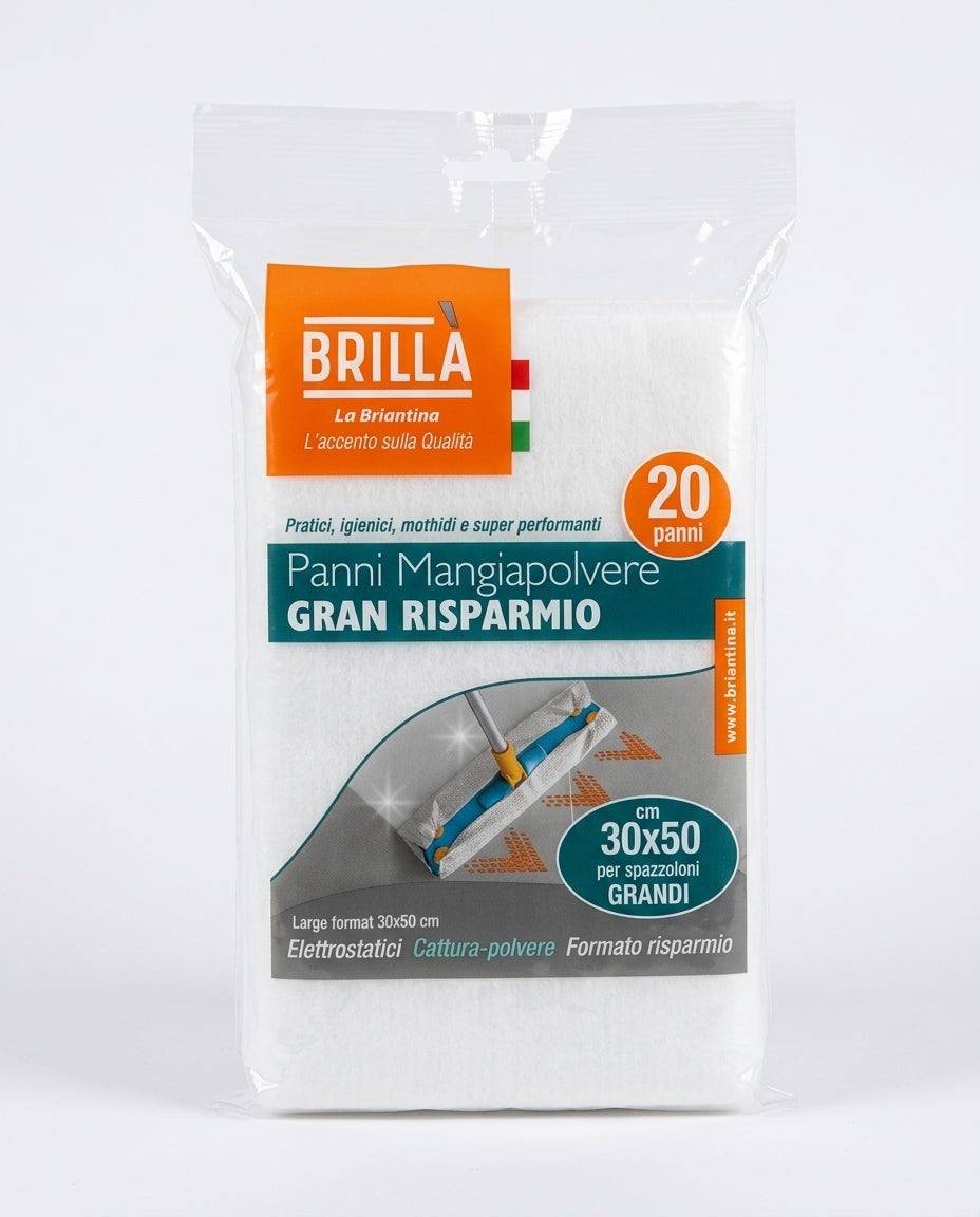 BRILLA La Briantina Panni Mangiapolvere Gran Risparmio 30x50 cm 20 Pezzi | Usa e Getta | Effetto Elettrostatico | Cattura Polvere, Capelli e Peli | Per Mobili e Pavimenti | Made in Italy