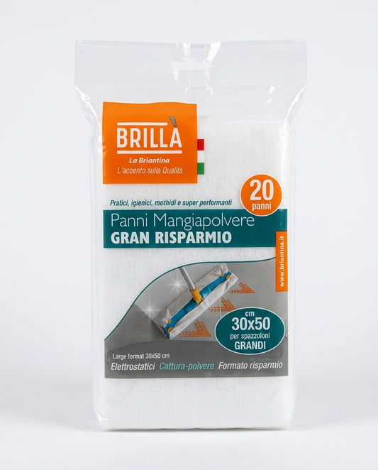 BRILLA La Briantina Panni Mangiapolvere Gran Risparmio 30x50 cm 20 Pezzi | Usa e Getta | Effetto Elettrostatico | Cattura Polvere, Capelli e Peli | Per Mobili e Pavimenti | Made in Italy