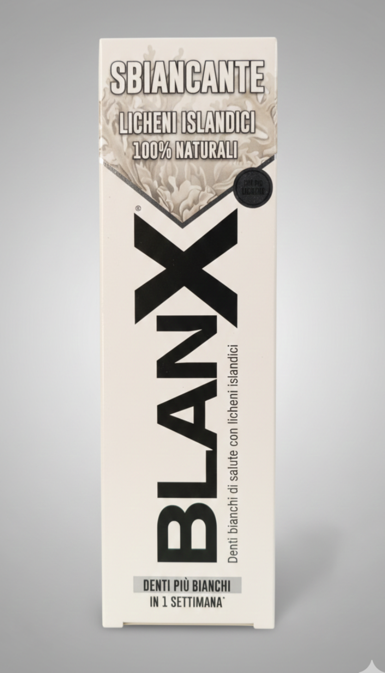 BlanX Sbiancante Licheni Islandici 75ml – Dentifricio Sbiancante Non Abrasivo – Azione Antibatterica Naturale – Risultati in 1 Settimana