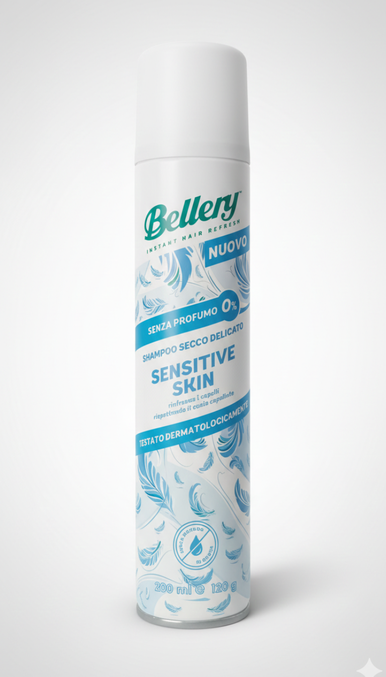 Bellery Shampoo Secco Sensitive Skin – 200ml – Formula Delicata per Cuoio Capelluto Sensibile – Azione Sebassorbente e Volumizzante