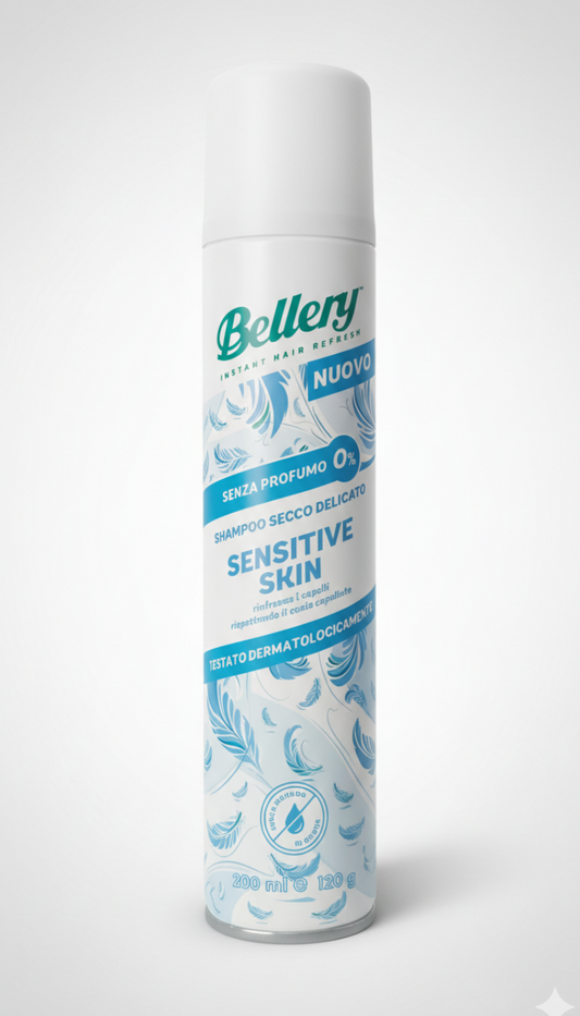 Bellery Shampoo Secco Sensitive Skin – 200ml – Formula Delicata per Cuoio Capelluto Sensibile – Azione Sebassorbente e Volumizzante