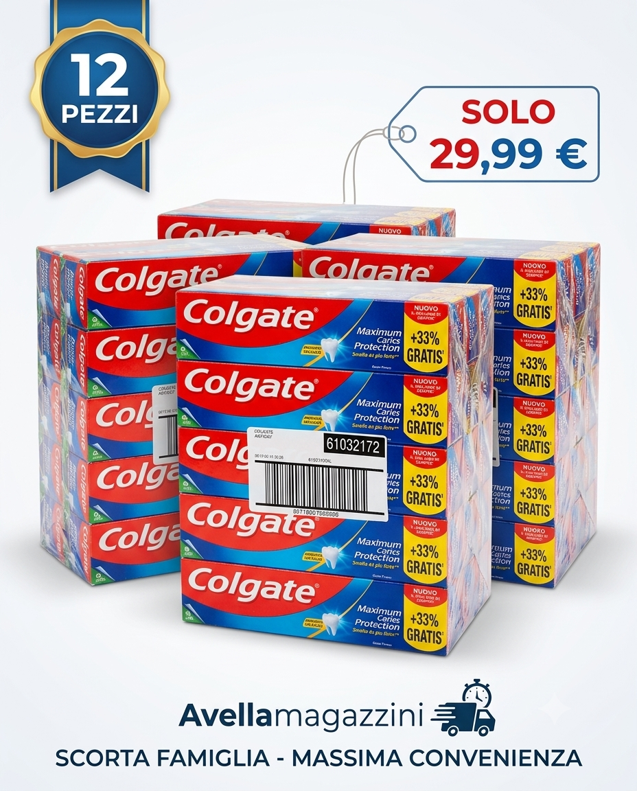 Bundle 12 Colgate Maximum Caries Protection 100ml, dentifricio anti-carie con fluoro e calcio, spedizione gratis.