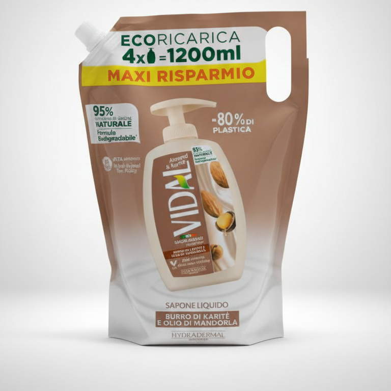 Vidal Sapone Liquido Eco Ricarica 1200 ml (1.2 Litri) | Maxi Risparmio e Meno Plastica | Dermatologicamente Testato | Uso Frequente per Tutta la Famiglia