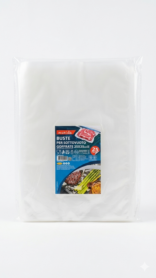 Movida Buste per Sottovuoto Alimentare Goffrate 25x35 cm – Confezione 25 Pezzi – Ideali per Conservazione e Cottura – BPA Free