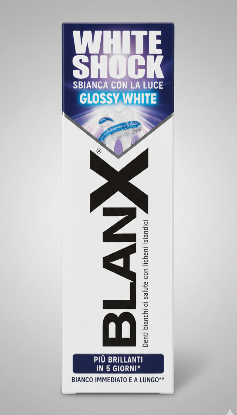 BlanX White Shock 75ml – Dentifricio Sbiancante con Tecnologia Actilux® – Sbianca con la Luce – Bianco Immediato e Brillantezza Pro-Shine