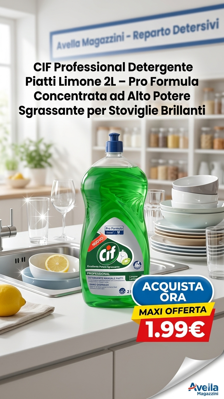 CIF Professional Detergente Piatti Limone 2L – Pro Formula Concentrata ad Alto Potere Sgrassante per Stoviglie Brillanti
