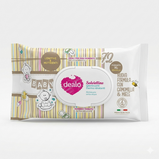 Dealo Baby XL salviettine Camomilla e Miele, confezione da 72 pezzi per pelle delicata di neonati e bambini.