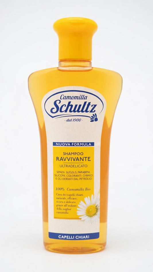 Schultz Shampoo Ravvivante Camomilla BIO 250 ml shampoo delicato senza siliconi e SLES per capelli chiari biondi e bambini con effetto illuminante e riflessi naturali dorati 피부 e cuoio capelluto sensibili