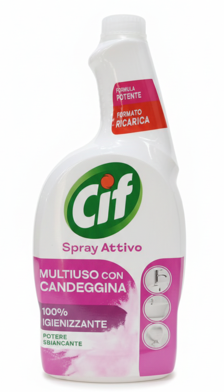 Cif Spray Attivo Multiuso con Candeggina 650ml – Formato Ricarica – Igienizzante 100% per Bagno e Cucina – Potere Sbiancante e Pretrattante Tessuti