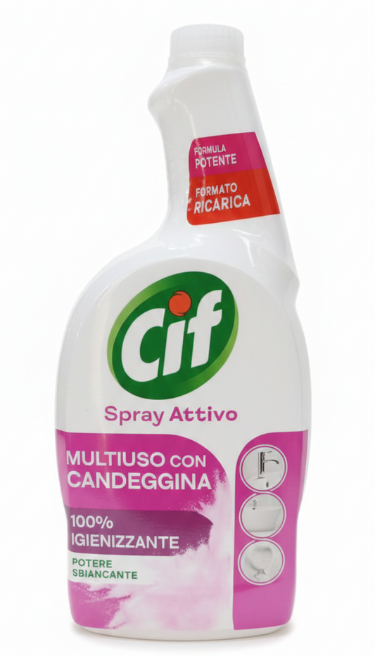 Cif Spray Attivo Multiuso con Candeggina 650ml – Formato Ricarica – Igienizzante 100% per Bagno e Cucina – Potere Sbiancante e Pretrattante Tessuti