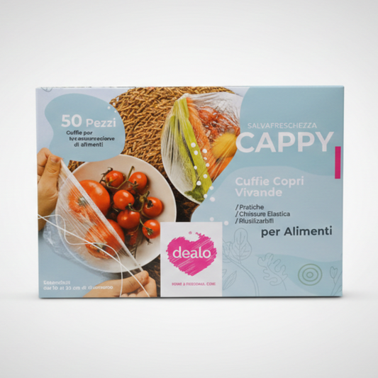 Dealo Cappy Set 50 Cuffie Copri Vivande Estendibili – Diametro 10-25 cm – Protezione Ermetica per Alimenti – Ideali per Piatti, Ciotole e Contenitori
