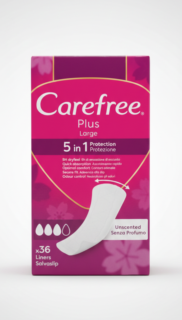 Salvaslip Carefree Plus Large 5 in 1 confezione da 36 pezzi, protezione extra wide da 178 mm senza profumo, con tecnologia 8h Dryfeel per mantenere la pelle asciutta e fresca, nucleo super assorbente ad assorbimento rapido, rivestimento morbido e traspirante per comfort quotidiano, sistema Secure Fit per aderenza stabile allo slip senza spostamenti, controllo odori integrato, indicato per pelli sensibili grazie alla formula unscented, prodotto dermatologicamente testato con certificazioni OEKO-TEX Standard 