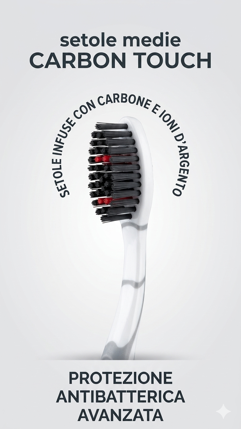 Mentadent Spazzolino Carbon Touch Setole Medie | Spazzolino Antibatterico al Carbone con Ioni d'Argento | Pulizia Profonda e Pulisci-lingua