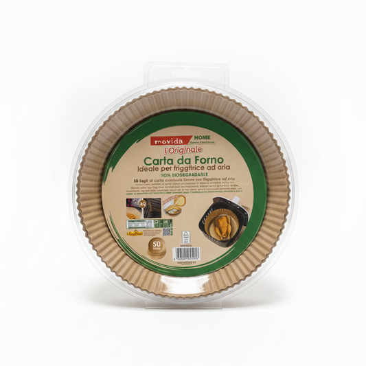 Movida Home | Carta da Forno Rotonda a Cestello per Friggitrice ad Aria | 50 Fogli Monouso | Diametro 16 cm con Bordo 4,5 cm | 100% Biodegradabile | PFAS Free | Resistente fino a 230°C