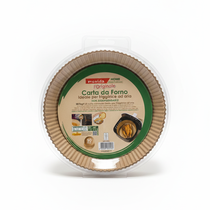I CasAmici | Carta da Forno Rotonda a Cestello per Friggitrice ad Aria | 50 Fogli Monouso | Diametro 20 cm con Bordo 4,5 cm | 100% Biodegradabile | PFAS Free | Resistente fino a 230°C