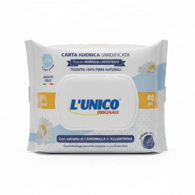 L’Unico Carta Igienica Umidificata 40 pz | Con Estratto di Camomilla e Allantoina | Tessuto 100% Fibre Naturali Morbido e Resistente | Gettabile nel WC | Dermatologicamente Testata