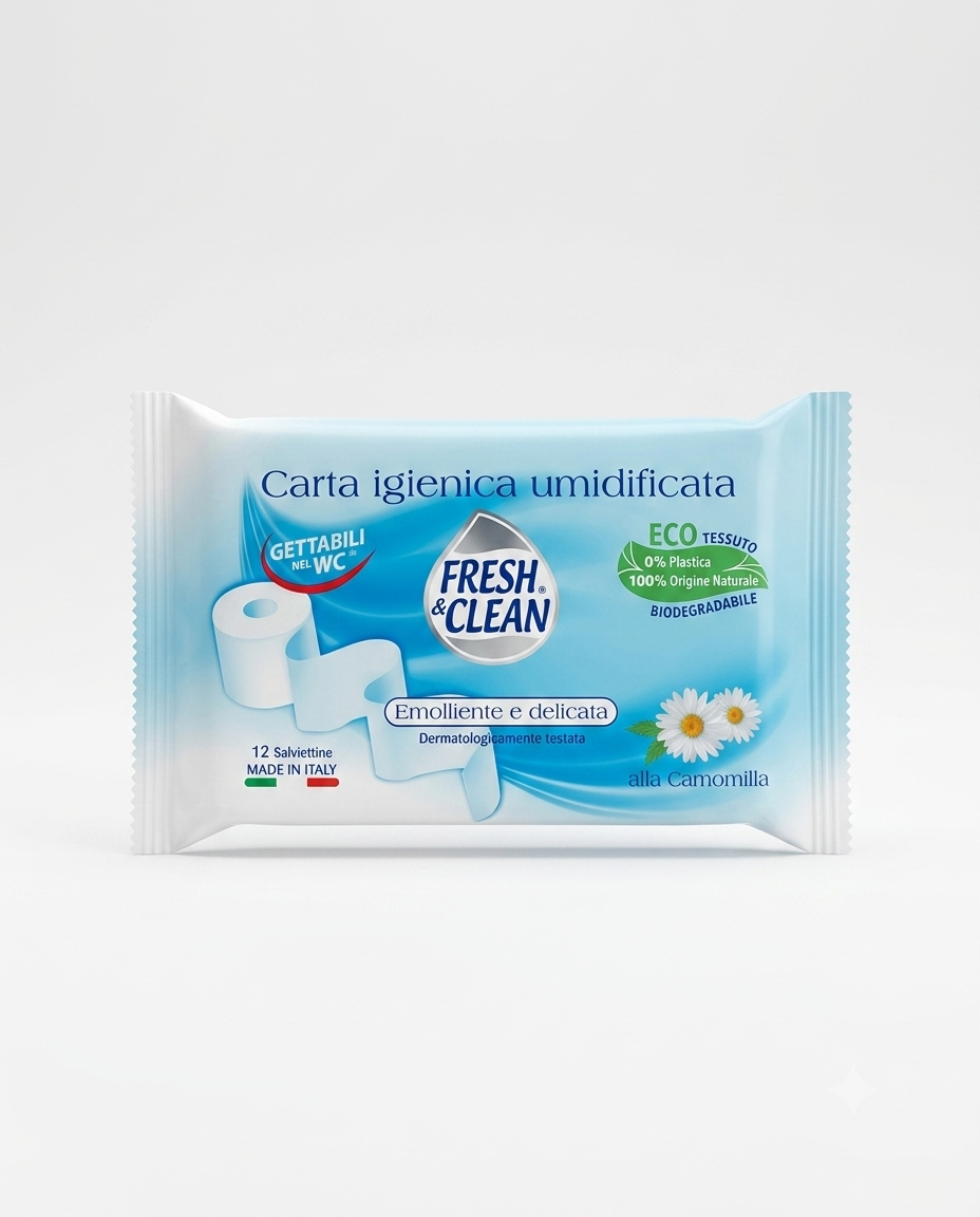 Fresh & Clean carta igienica umidificata Camomilla 12 salviettine, biodegradabili e gettabili nel WC, senza alcool, delicate per l’igiene intima quotidiana.