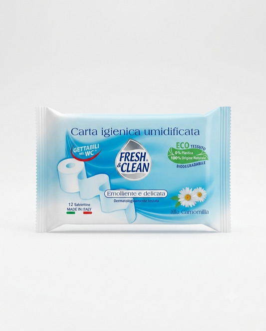 Fresh & Clean carta igienica umidificata Camomilla 12 salviettine, biodegradabili e gettabili nel WC, senza alcool, delicate per l’igiene intima quotidiana.
