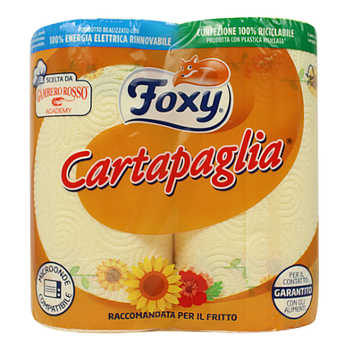 Foxy Carta Paglia Carta Cucina 2 rotoli a 2 veli decorati, carta assorbente resistente per cucina, ideale per pulizia quotidiana, asciugatura e uso alimentare.