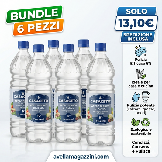 Casaceto Aceto Bianco di Alcool Bundle 6 x 1 Litro | 100% Naturale e Alimentare | Detergente Multiuso Anti-Calcare | Spedizione Gratis
