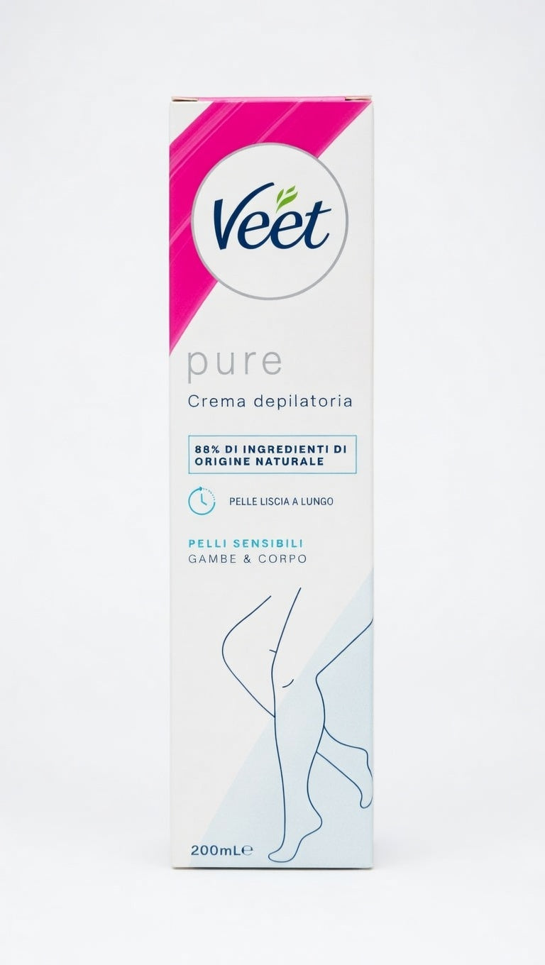 Veet PURE Crema Depilatoria Pelli Sensibili 200 ml con tecnologia Silky Fresh per gambe corpo ascelle e bikini idratazione 24 ore risultati in 5-10 minuti