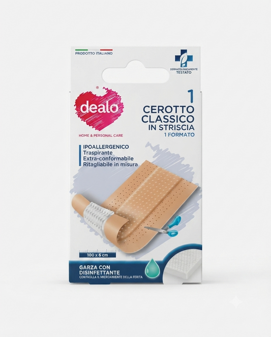 Cerotto classico in striscia Dealo 100x6 cm ritagliabile, 1 pezzo, protezione adattabile per ferite e medicazioni.