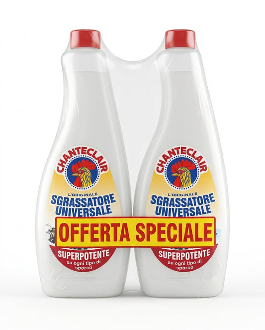 Chanteclair Sgrassatore Universale Marsiglia 2×600 ml, bipack ricarica superpotente senza erogatore spray, sgrassa, smacchia e pulisce a fondo superfici dure e tessuti, idoneo all’impiego HACCP, 1200 ml totali.