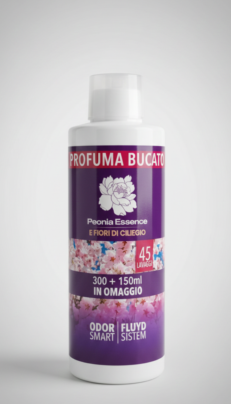 Peonia Essence Profuma Bucato Concentrato 450ml | Tecnologia OdorSmart & Molecola Stira Facile | 4 Fragranze Persistenti | 45 Lavaggi
