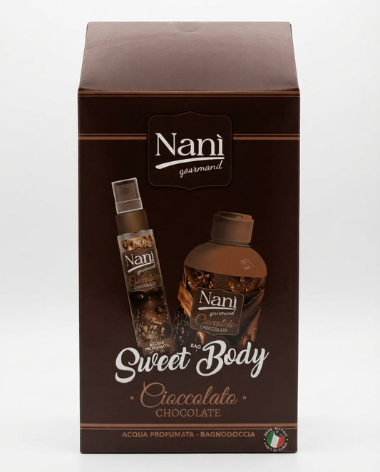 Nanì Gourmand Sweet Body Confezione Regalo 375 ml | Acqua Profumata 75 ml + Bagnodoccia 300 ml | Fragranze Golose | Cioccolato, Macarons, Cookies, Candy o Cheesecake | Made in Italy