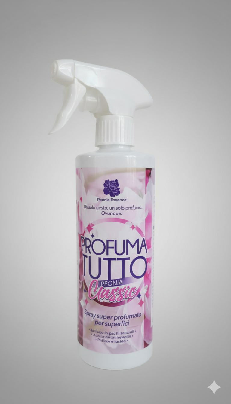 Peonia Essence Profumatutto Spray 480ml – Pulitore Multiuso Profumato per Superfici e Tessuti ad Asciugatura Rapida – Disponibile in 6 Fragranze