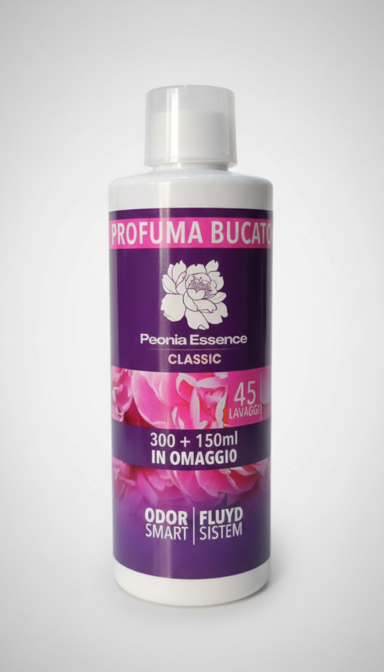 Peonia Essence Profuma Bucato Concentrato 450ml | Tecnologia OdorSmart & Molecola Stira Facile | 4 Fragranze Persistenti | 45 Lavaggi