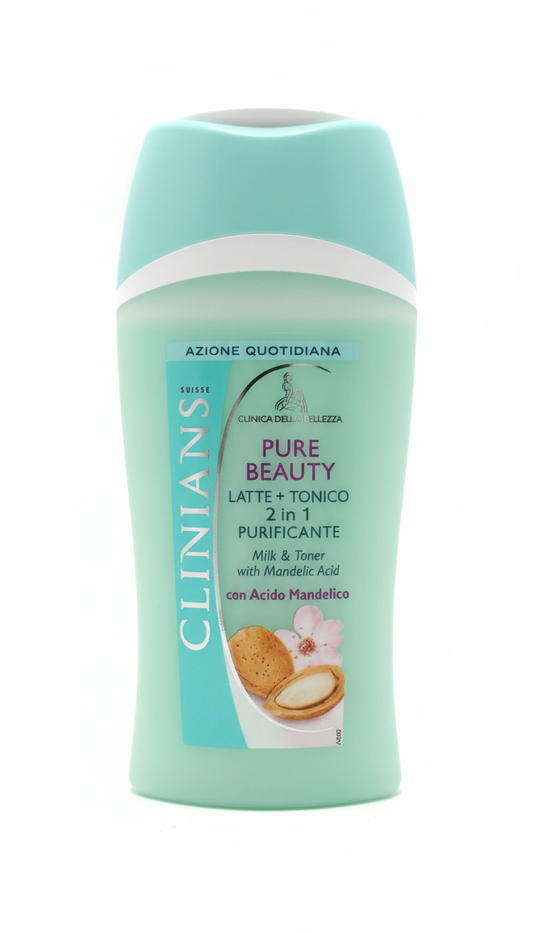 CLINIANS Pure Beauty Latte + Tonico 2in1 Purificante 200ml – Acido Mandelico Esfoliante – Senza Alcool, Per Tutti i Tipi di Pelle