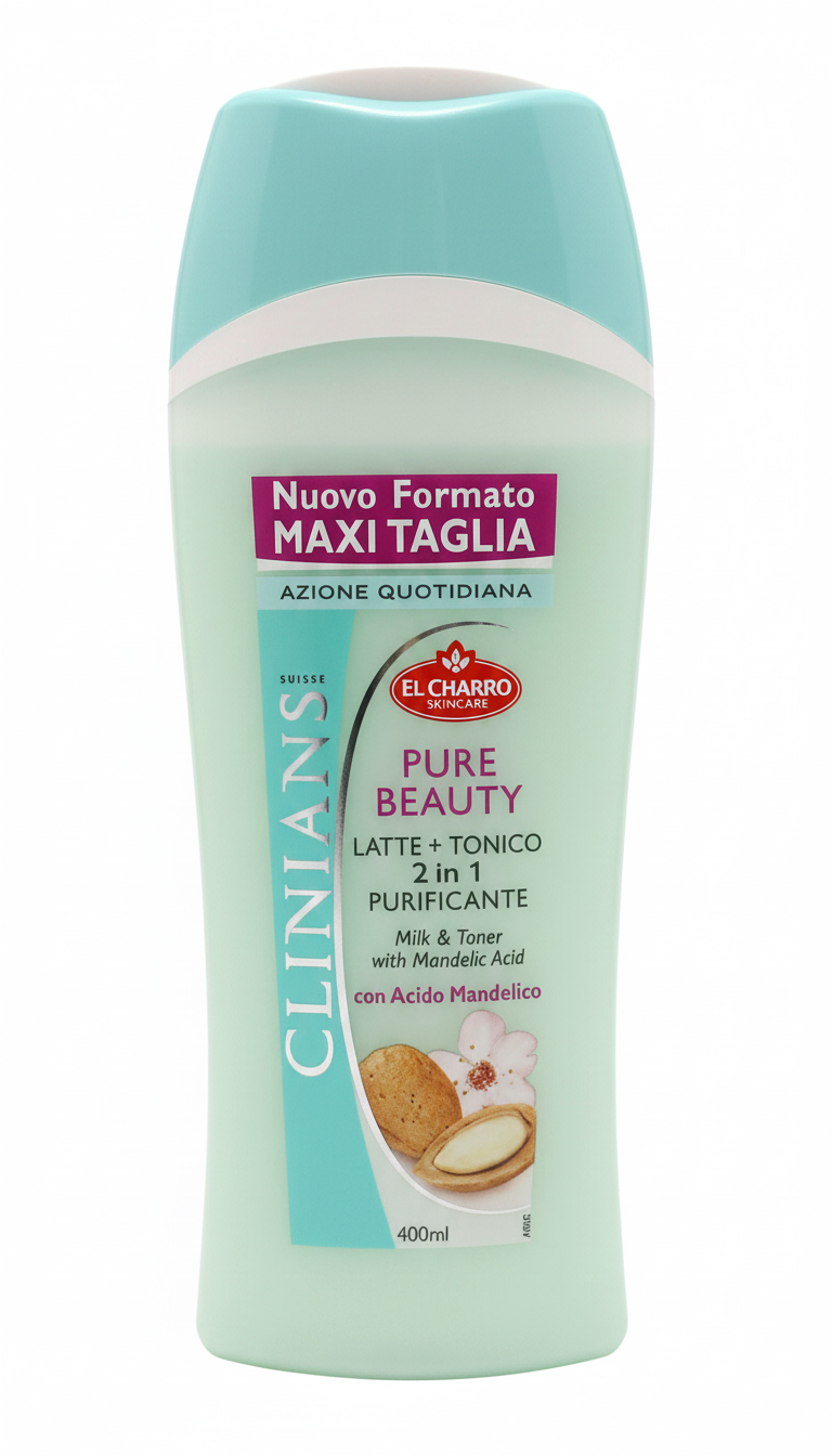 CLINIANS Pure Beauty Latte + Tonico 2in1 Purificante 250ml – Con Acido Mandelico Esfoliante – Maxi Taglia, Senza Alcool – Per Tutti i Tipi di Pelle