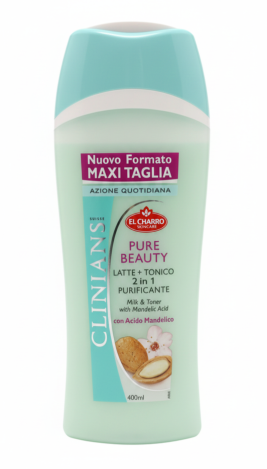 CLINIANS Pure Beauty Latte + Tonico 2in1 Purificante 250ml – Con Acido Mandelico Esfoliante – Maxi Taglia, Senza Alcool – Per Tutti i Tipi di Pelle