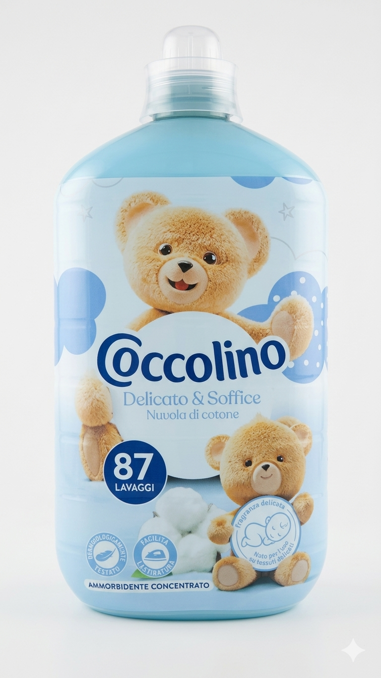 Coccolino Ammorbidente Concentrato Delicato & Soffice Nuvola di Cotone XXL 1827 ml, 87 lavaggi, formula ipoallergenica dermatologicamente testata per pelli sensibili.