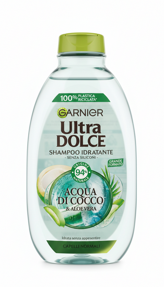 Garnier Ultra Dolce Shampoo Idratante Acqua di Cocco e Aloe Vera 400ml – Formula Dissetante Senza Siliconi per Capelli Disidratati