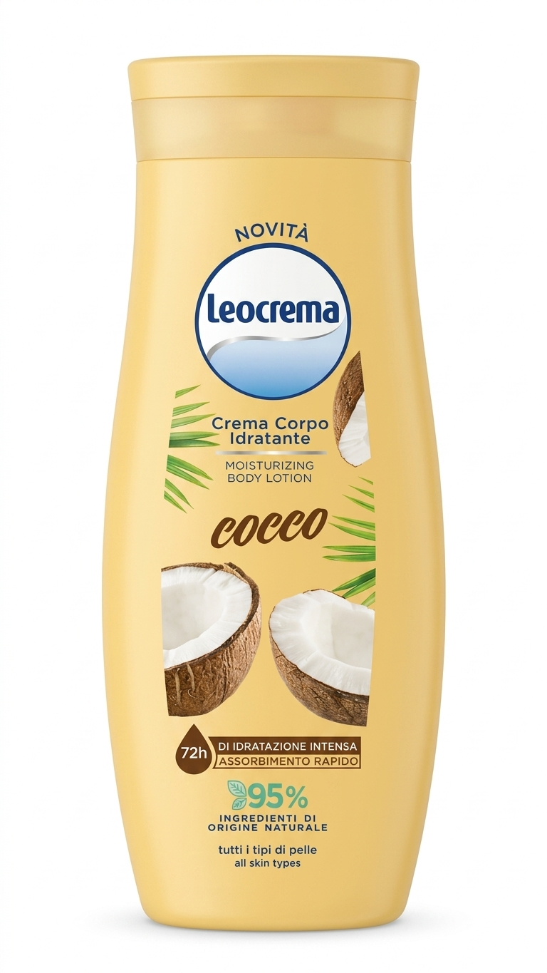 Leocrema Cocco Crema Corpo Idratante 95% naturale, crema corpo nutriente al cocco per pelle morbida e idratata, texture leggera a rapido assorbimento, trattamento quotidiano dermatologicamente testato.