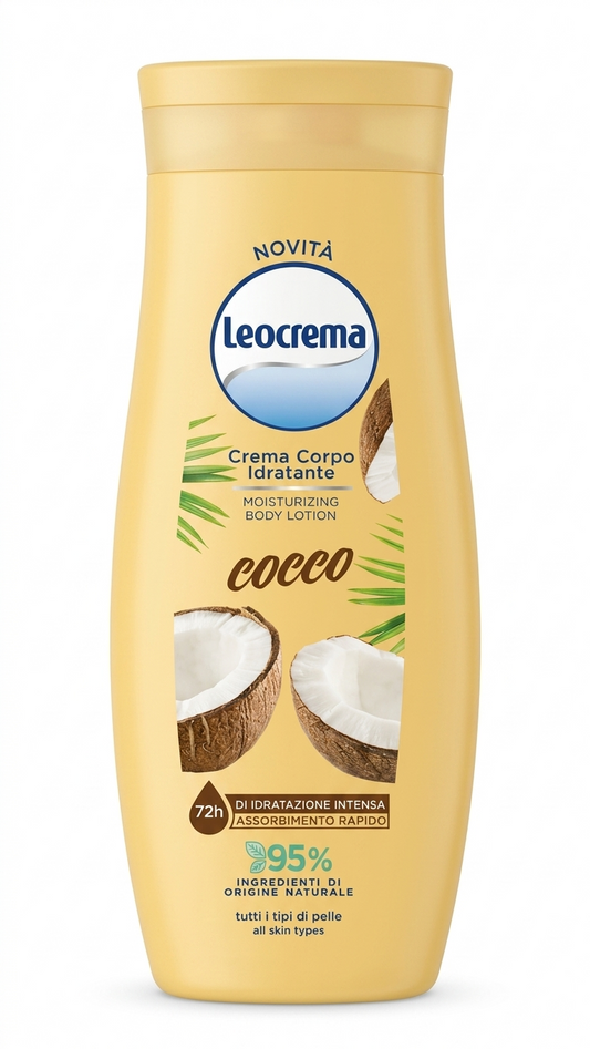 Leocrema Cocco Crema Corpo Idratante 95% Naturale – Idratazione Intensa 72h – Benessere Avvolgente e Vellutato