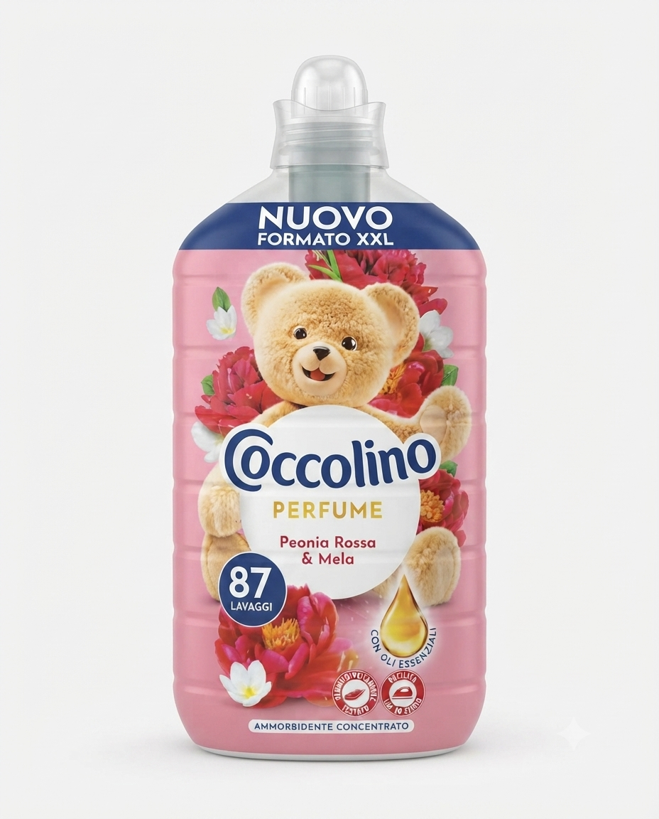 Coccolino Peonia Rossa e Mela ammorbidente concentrato XXL, 87 lavaggi, profumo a lunga durata.