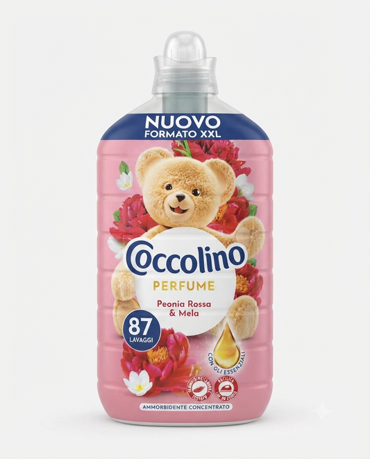 Coccolino Peonia Rossa e Mela ammorbidente concentrato XXL, 87 lavaggi, profumo a lunga durata.
