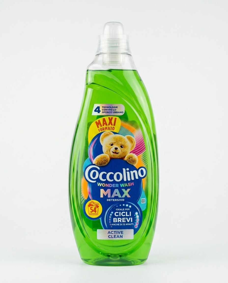 Coccolino Wonder Wash MAX Active Clean 2,16 L, detersivo lavatrice da 54 lavaggi, efficace in 15 minuti con tecnologia PRO-S contro lo sporco urbano e i cattivi odori.