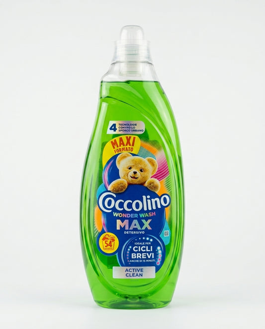 Coccolino Wonder Wash MAX Active Clean 2,16 L, detersivo lavatrice da 54 lavaggi, efficace in 15 minuti con tecnologia PRO-S contro lo sporco urbano e i cattivi odori.