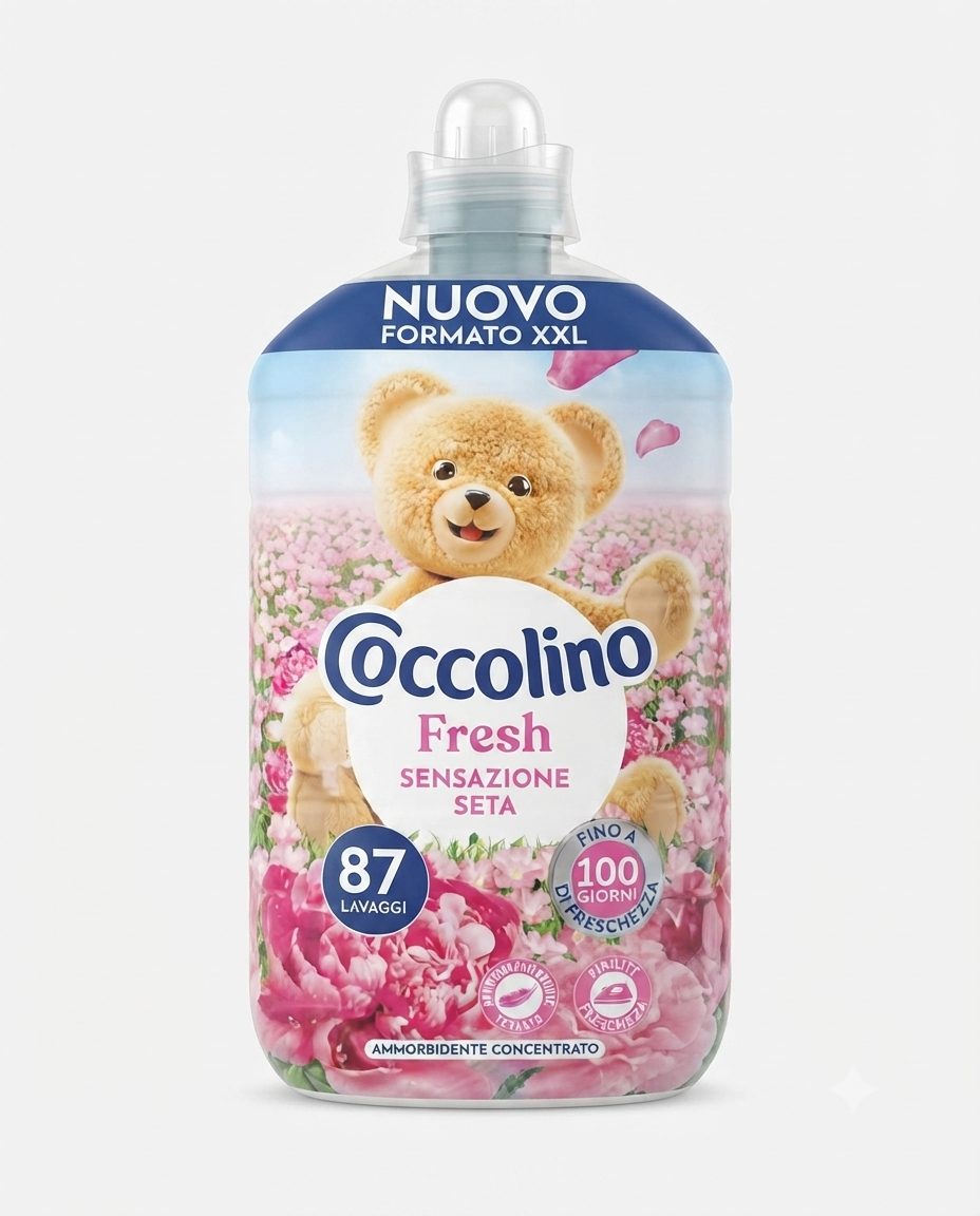 Coccolino Fresh Sensazione Seta ammorbidente concentrato XXL 1827 ml, 87 lavaggi, morbidezza e freschezza.